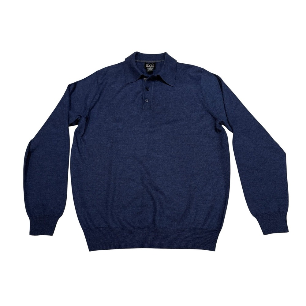 Jos A Bank Signature Collection Blue 100% Merino Wool Polo Sweater Mens Medium
